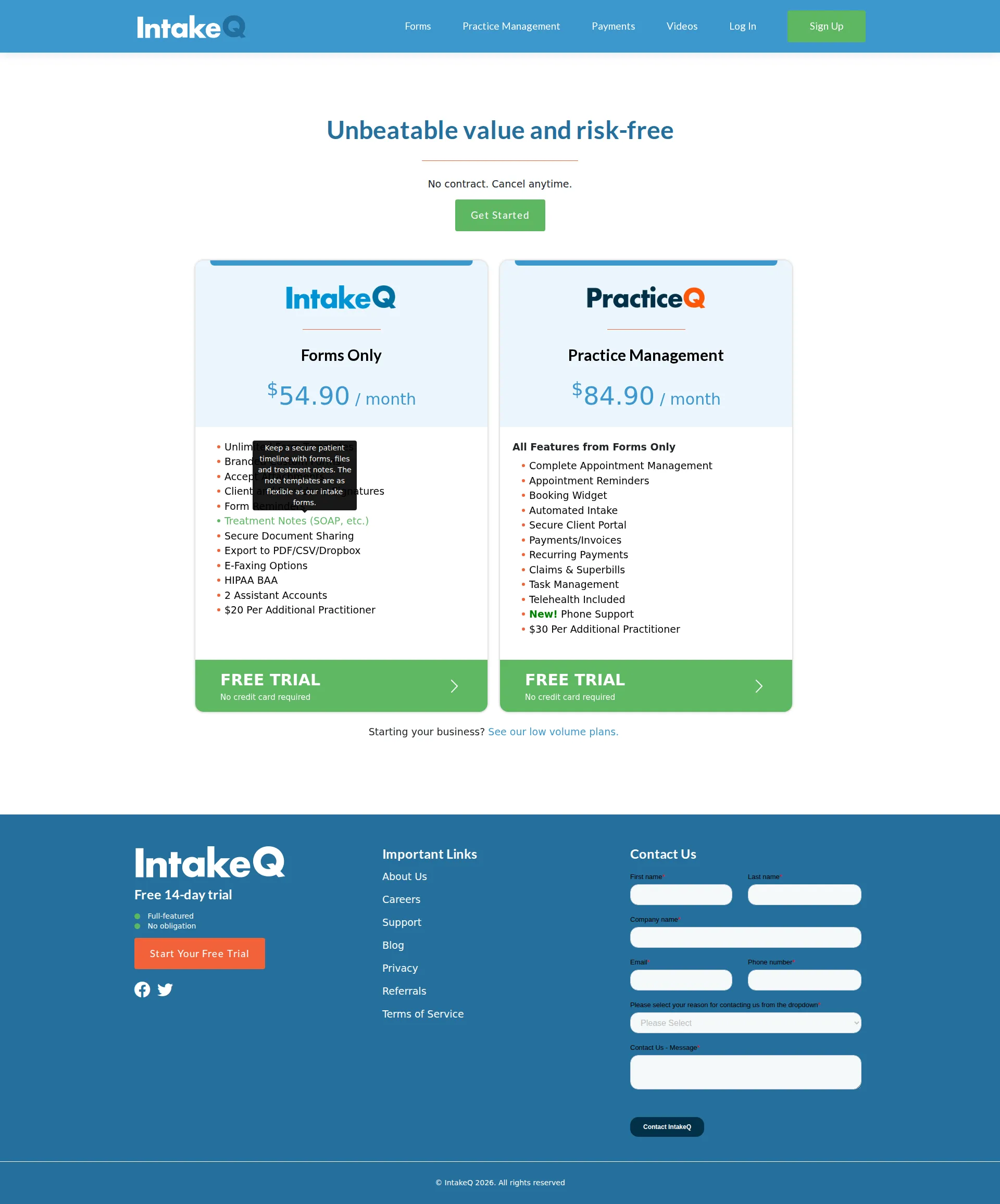 IntakeQ pricing page screenshot