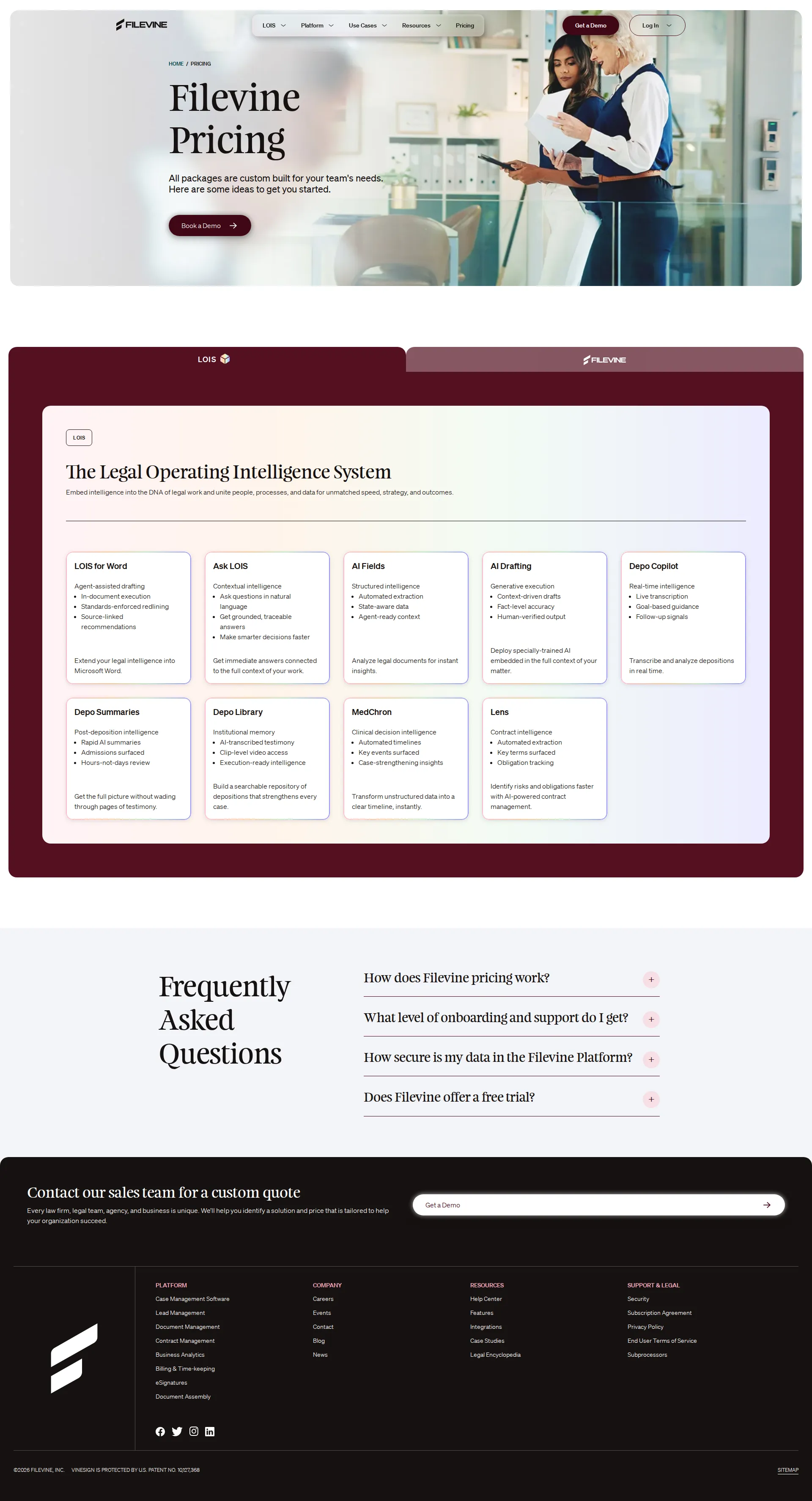 Filevine pricing page screenshot