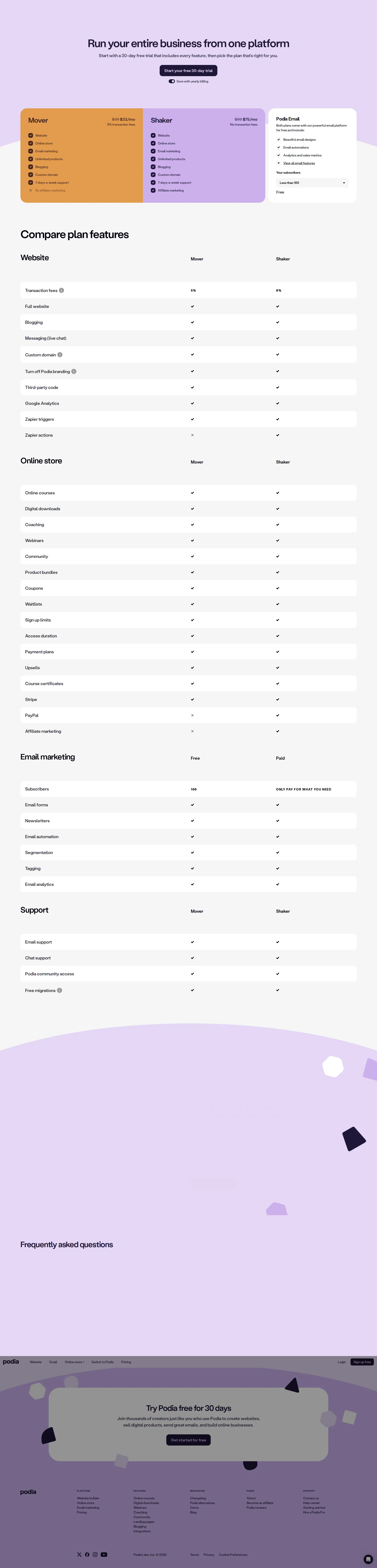 Podia pricing page screenshot