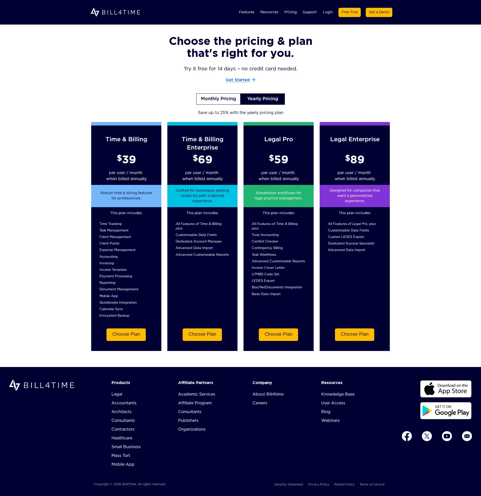Bill4Time pricing page screenshot