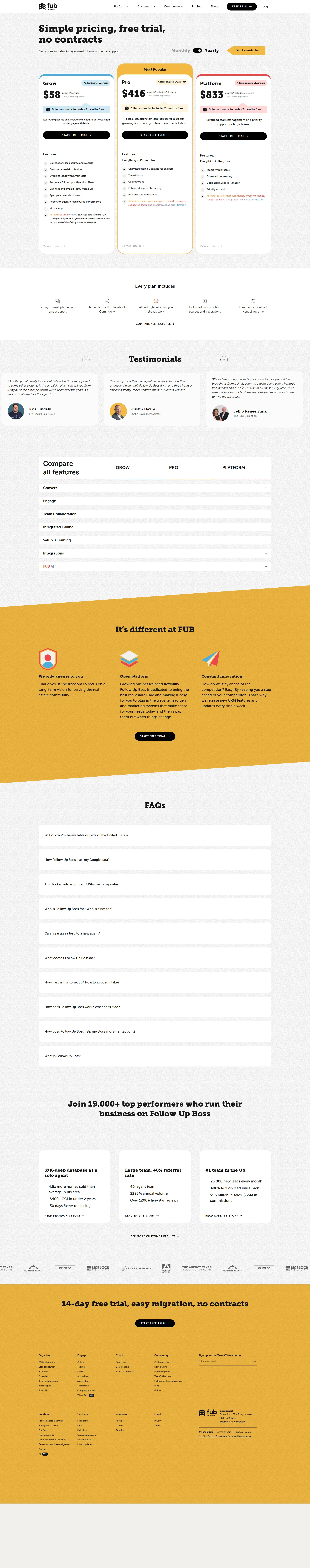 Follow Up Boss pricing page screenshot