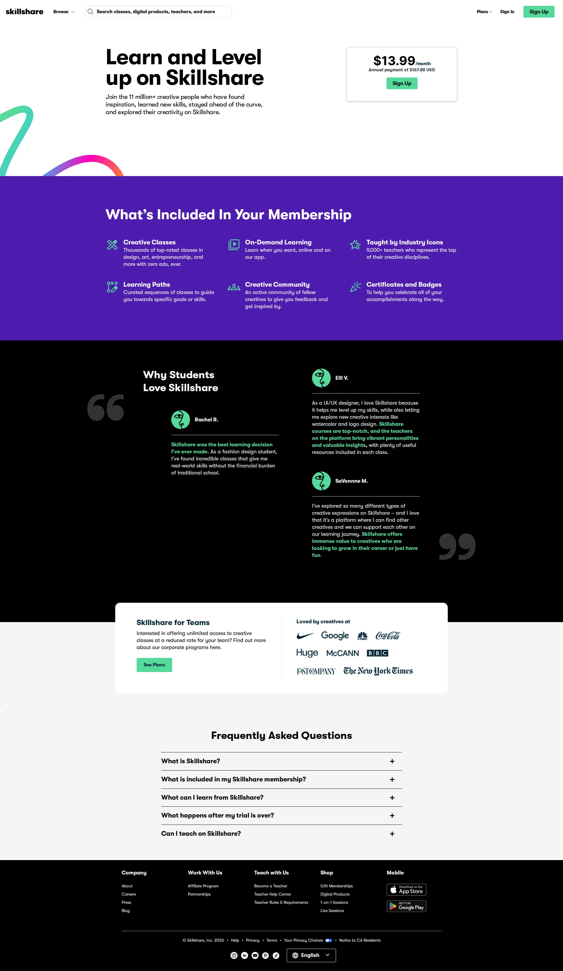 Skillshare pricing page screenshot