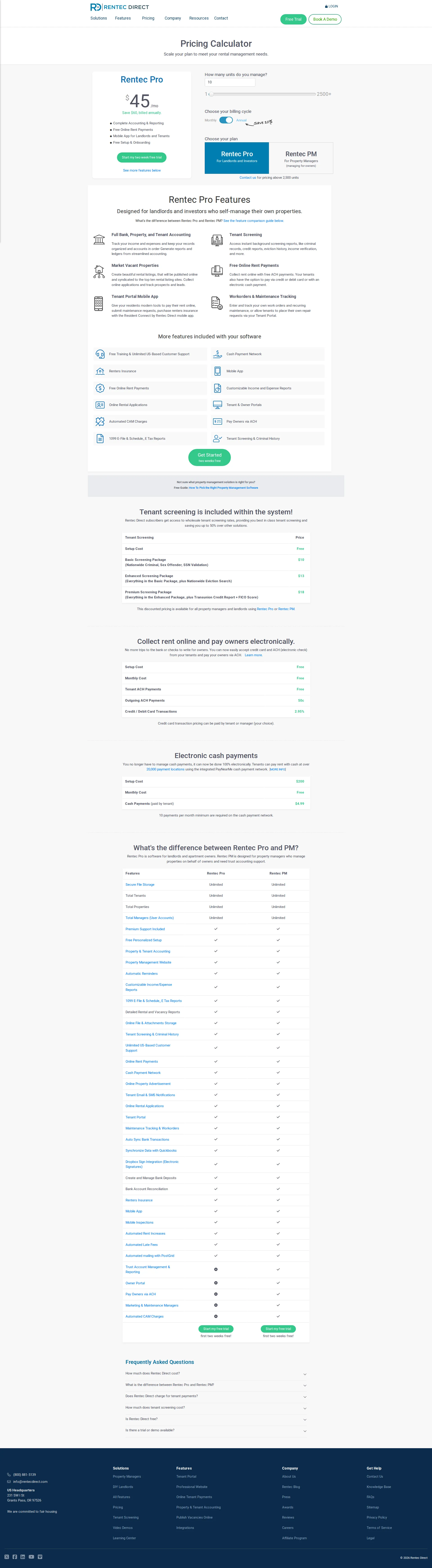 Rentec Direct pricing page screenshot