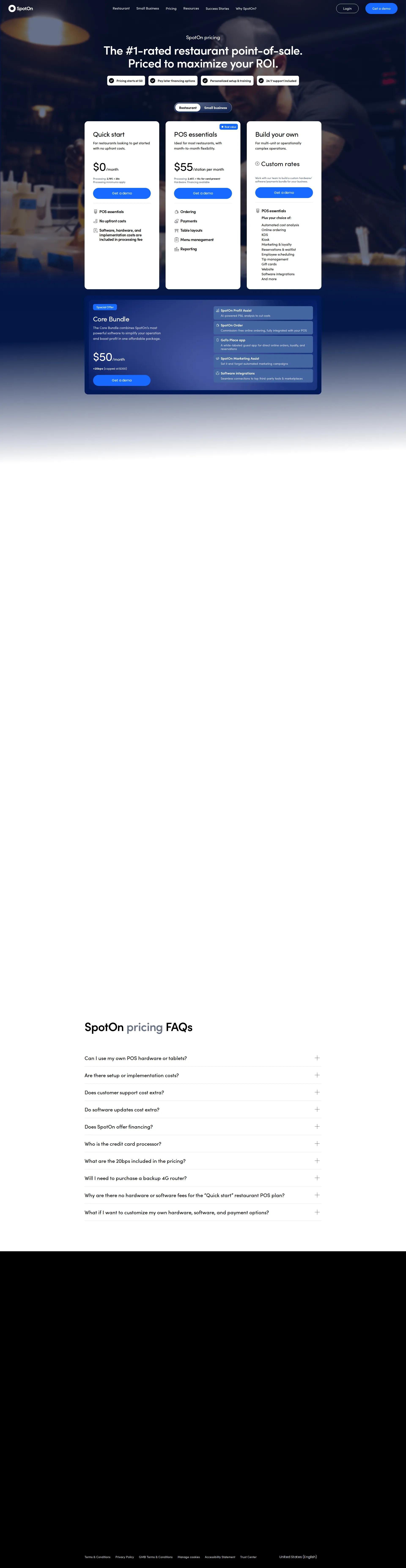 SpotOn pricing page screenshot