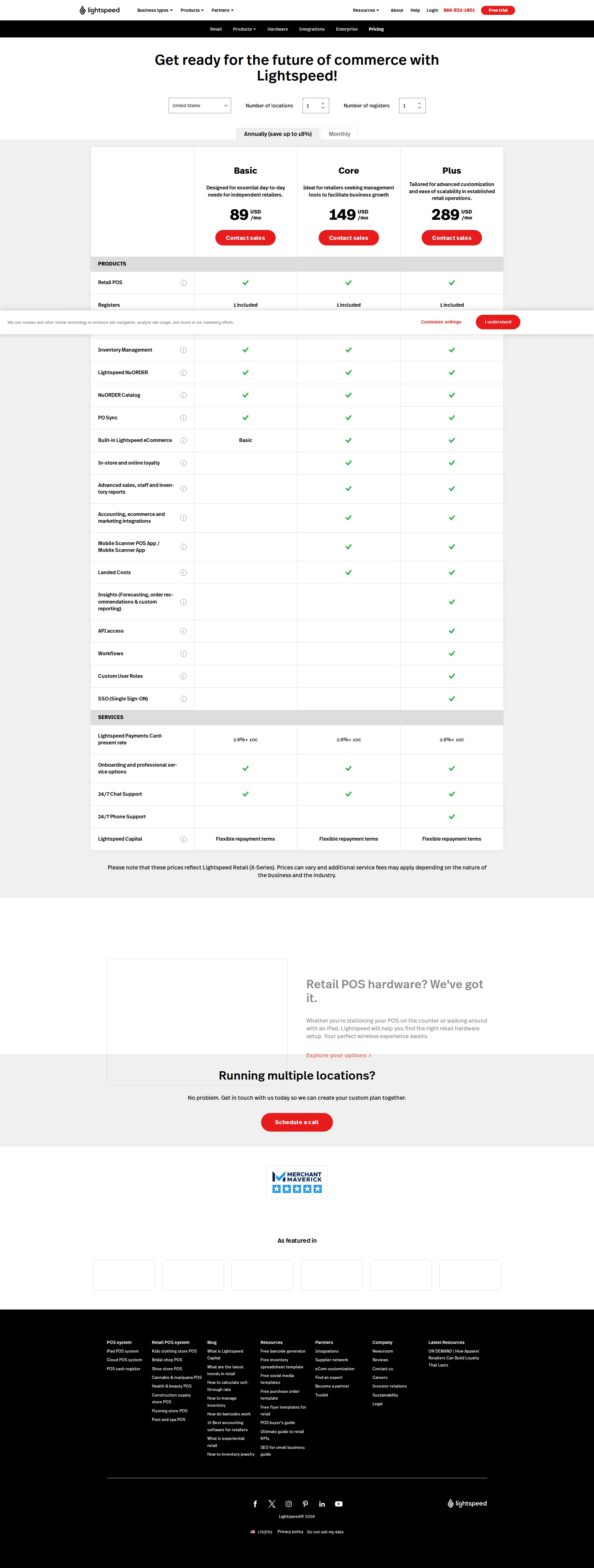 Lightspeed pricing page screenshot