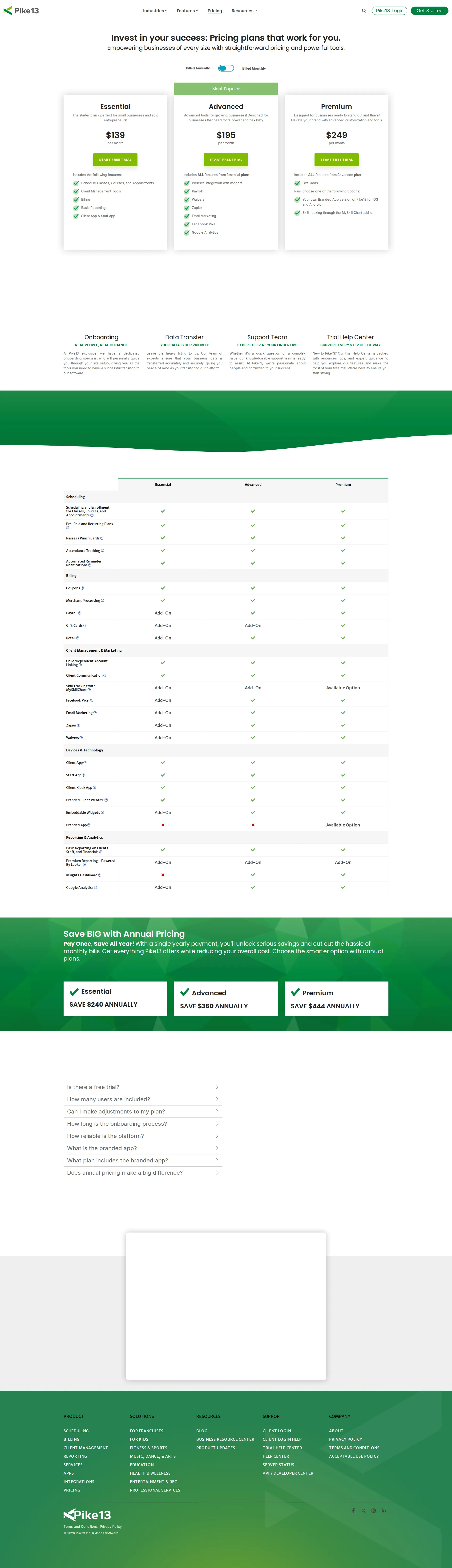 Pike13 pricing page screenshot