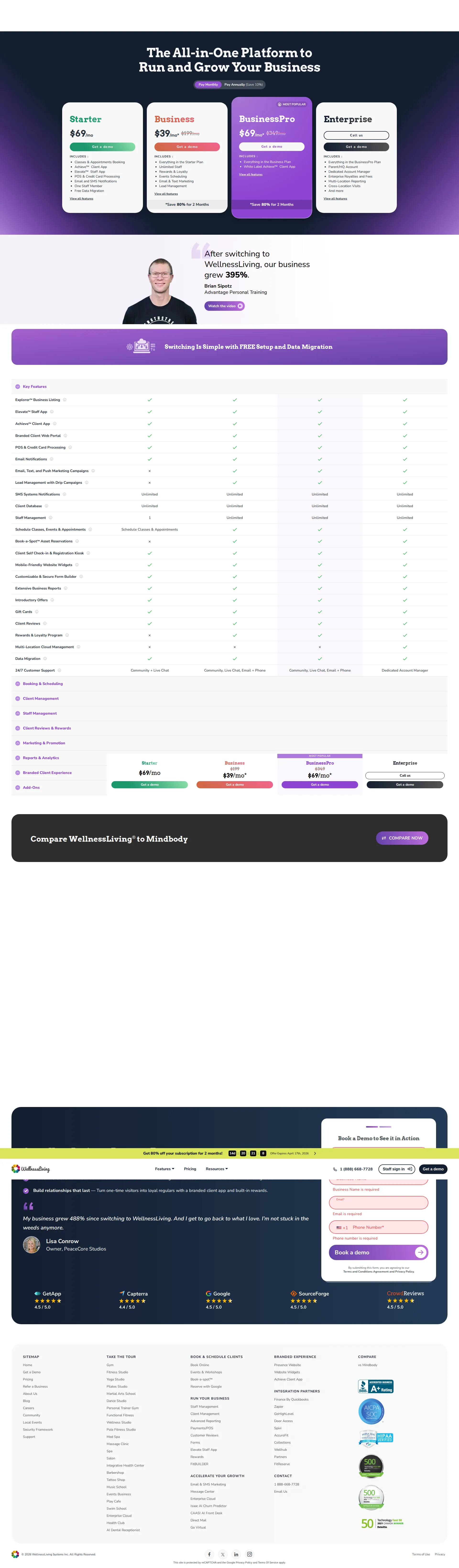 WellnessLiving pricing page screenshot