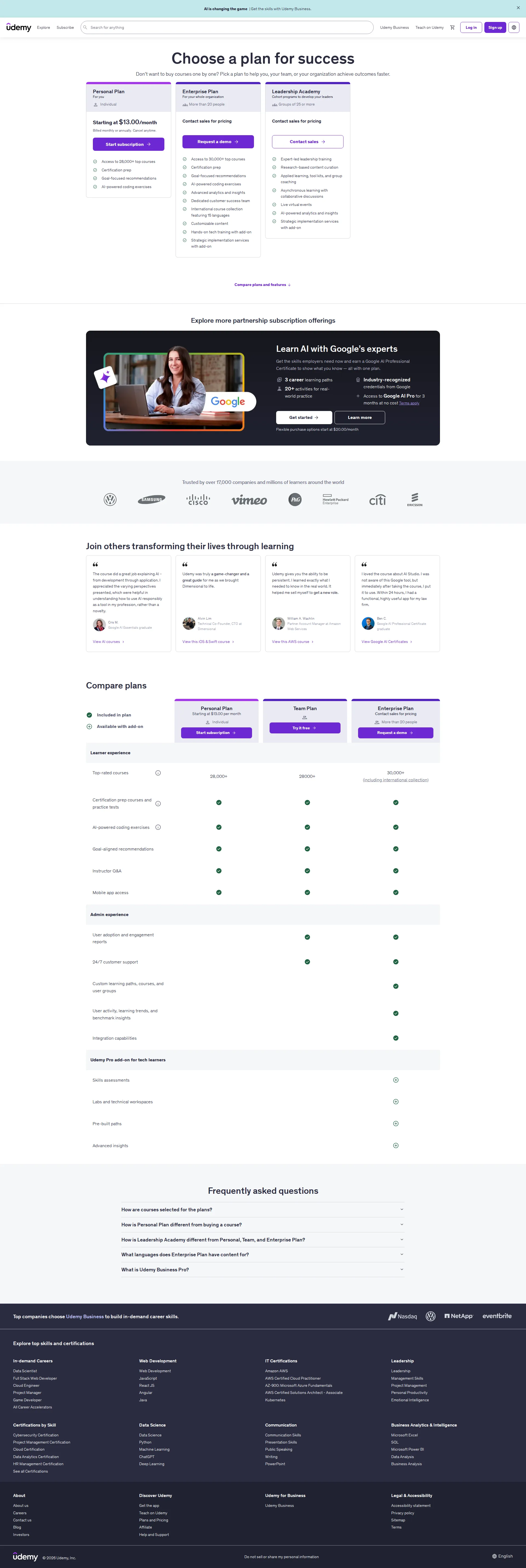 Udemy pricing page screenshot