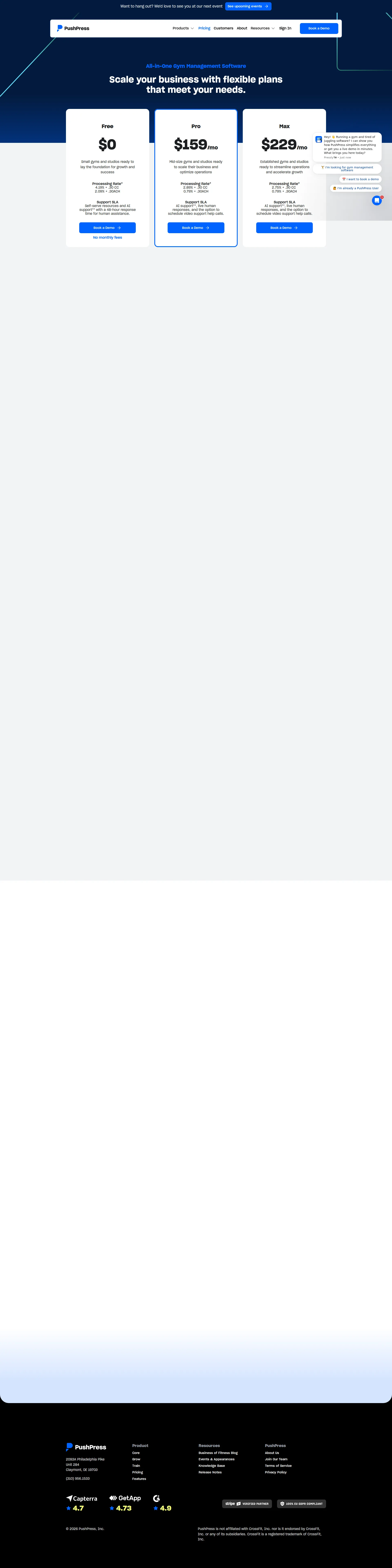 PushPress pricing page screenshot