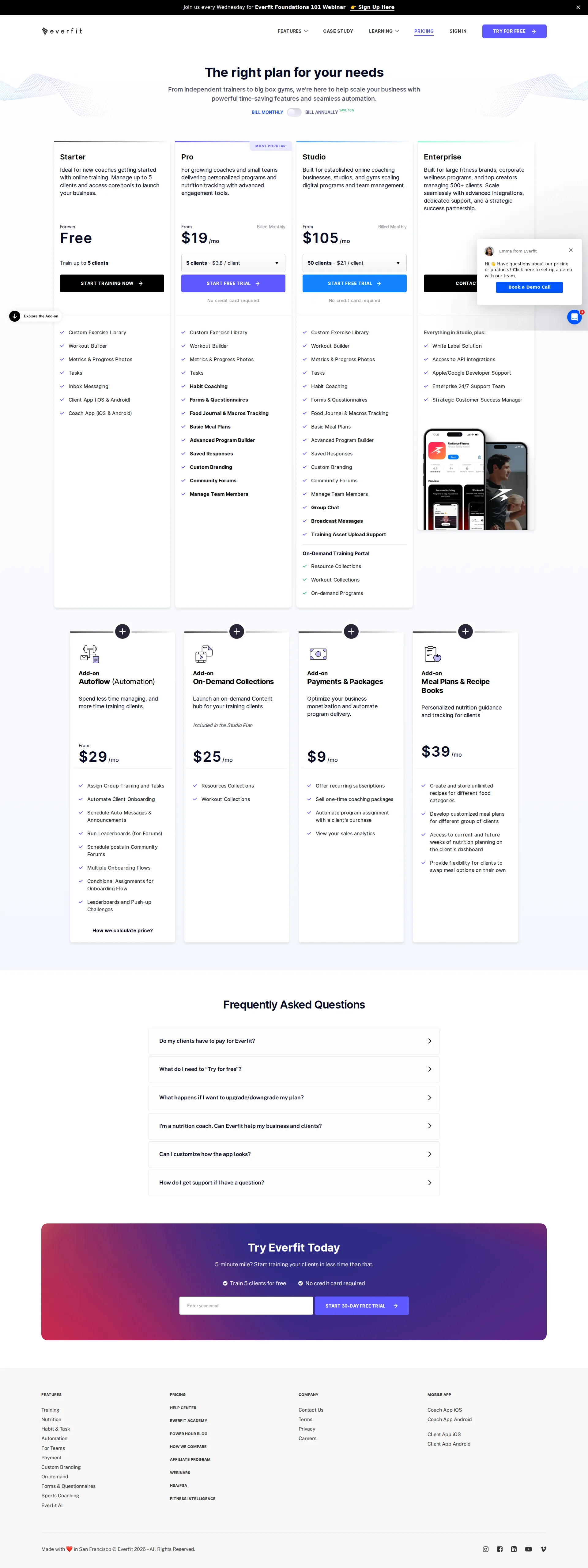 Everfit pricing page screenshot