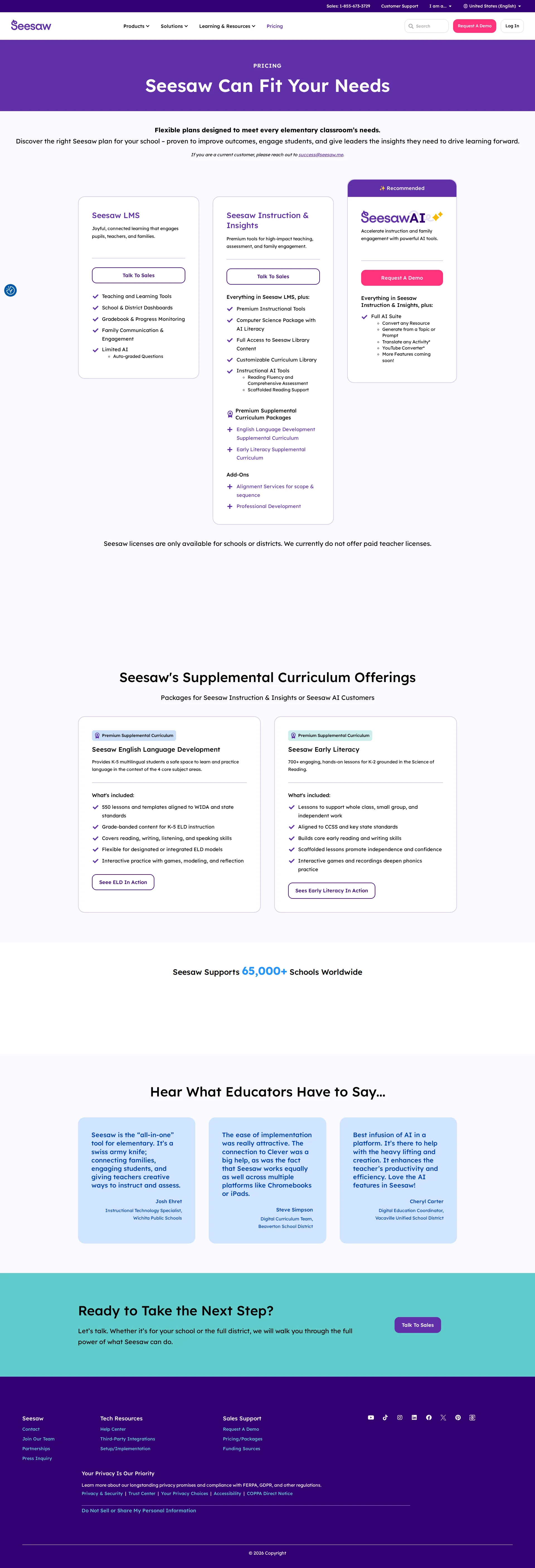 Seesaw pricing page screenshot