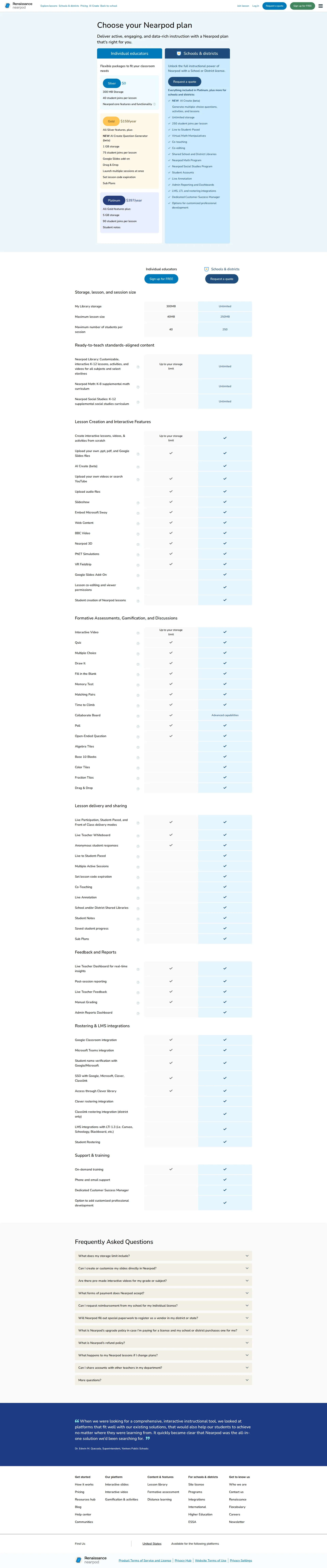 Nearpod pricing page screenshot