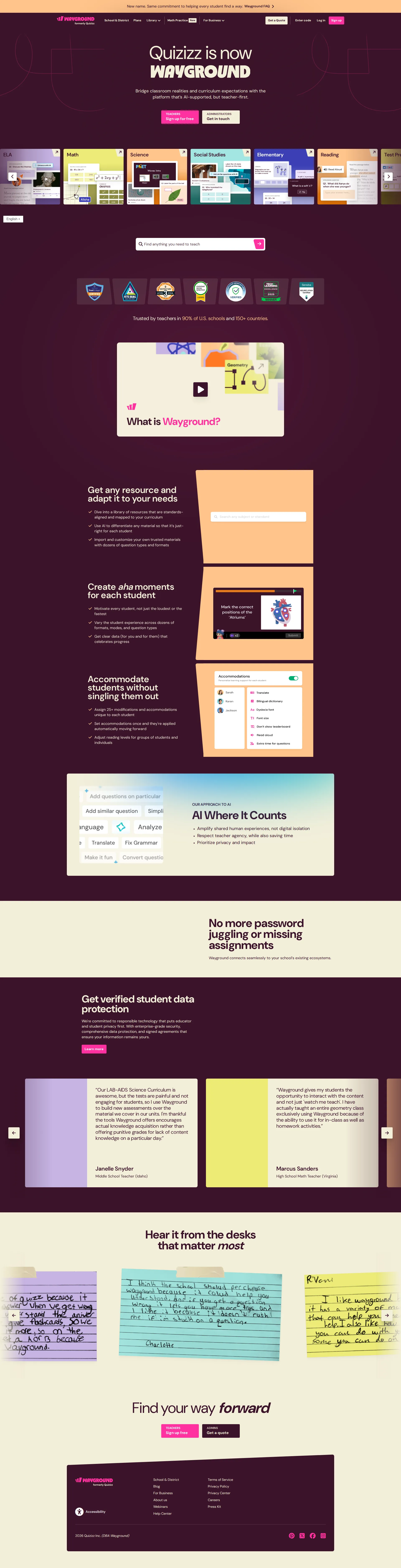Quizizz pricing page screenshot