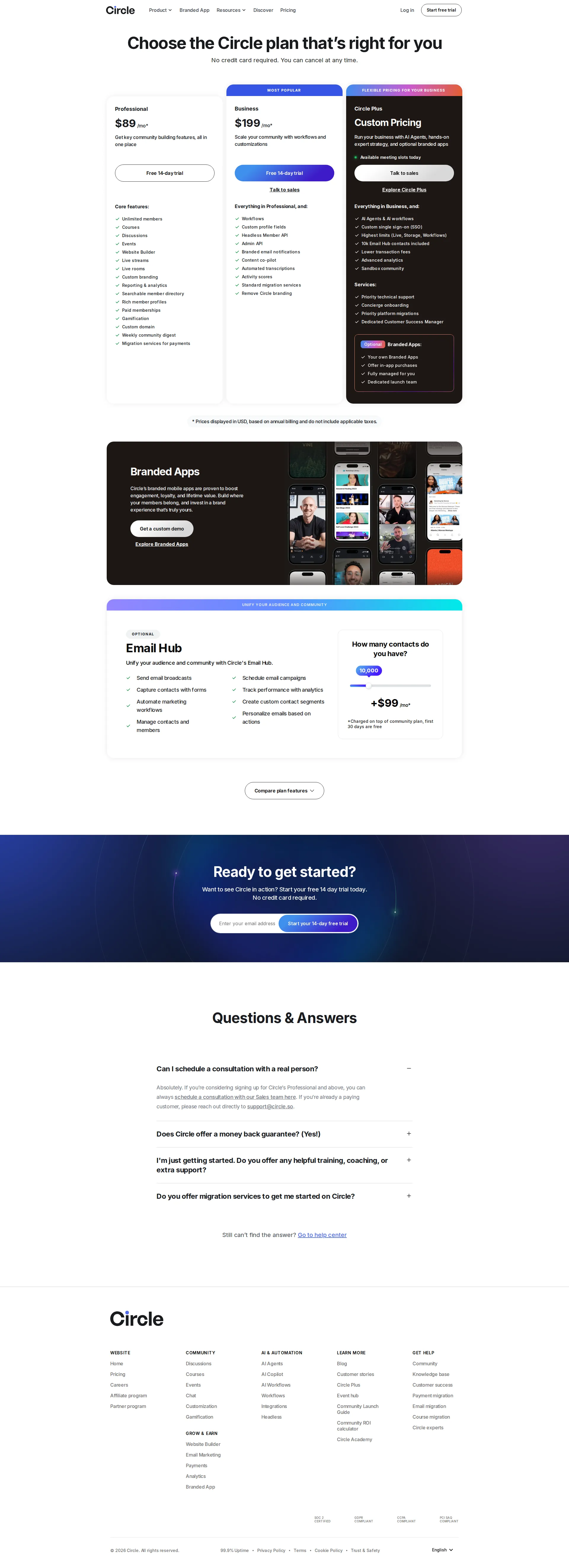 Circle pricing page screenshot