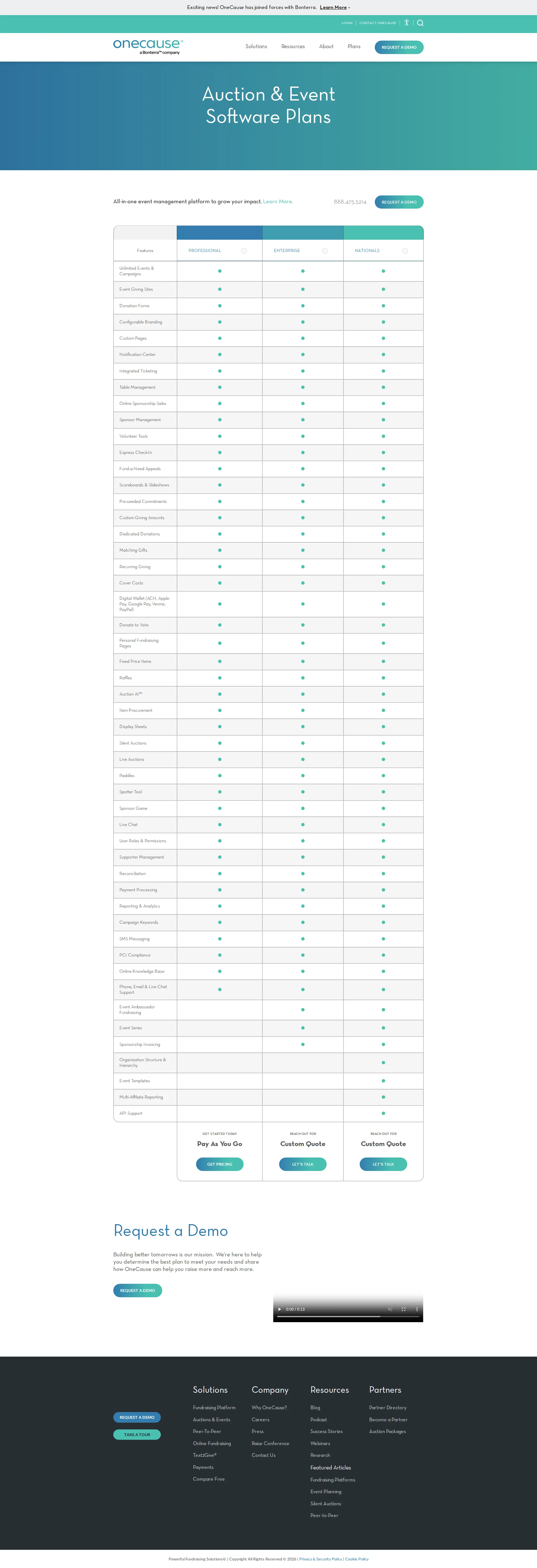 OneCause pricing page screenshot
