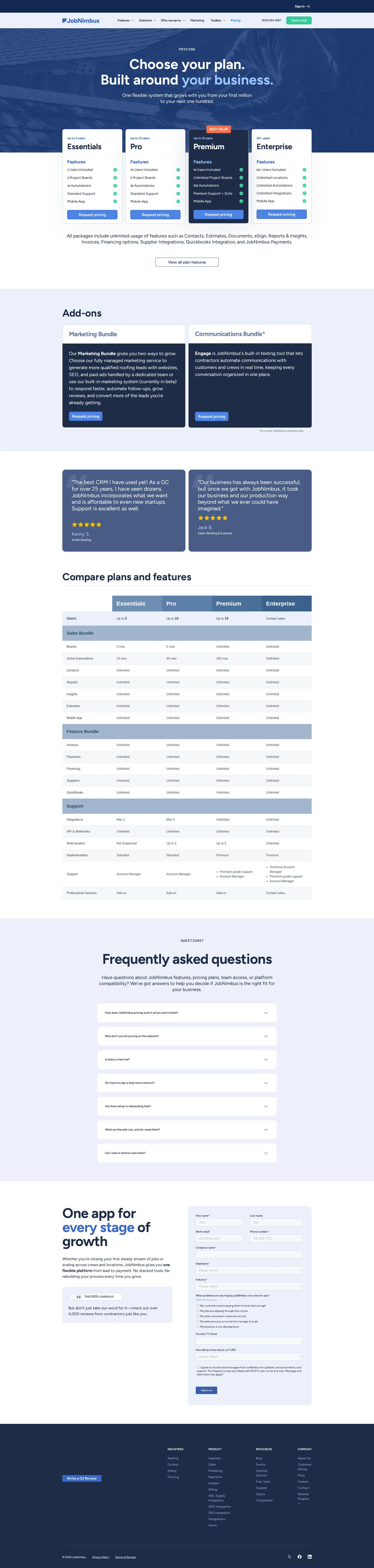 JobNimbus pricing page screenshot