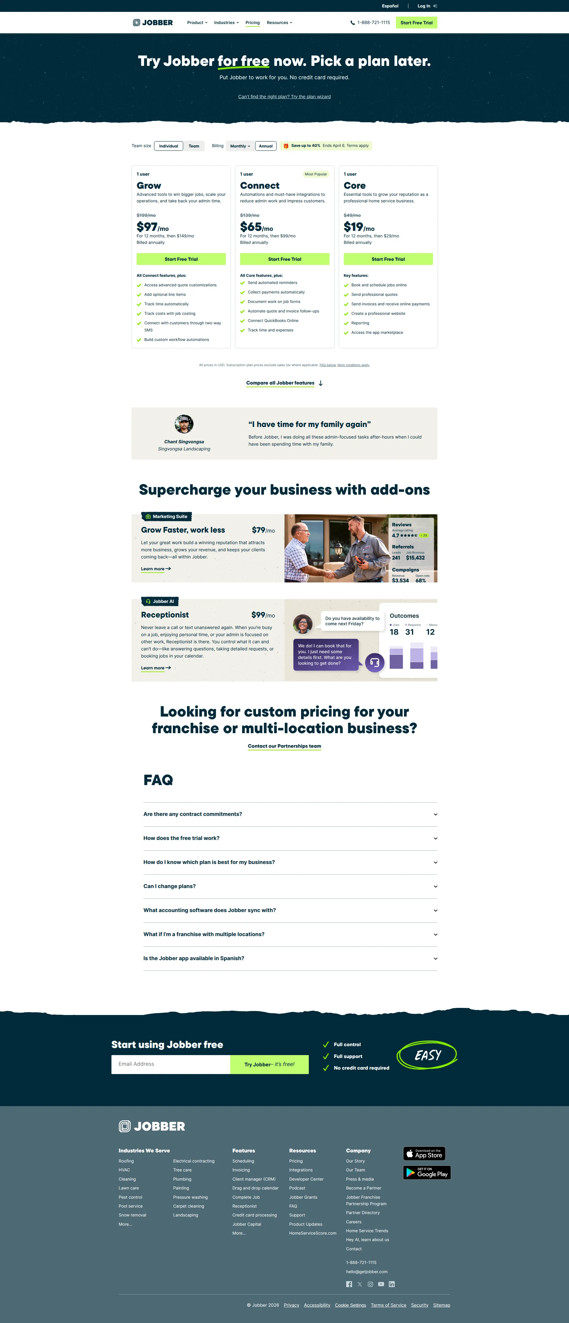 Jobber pricing page screenshot