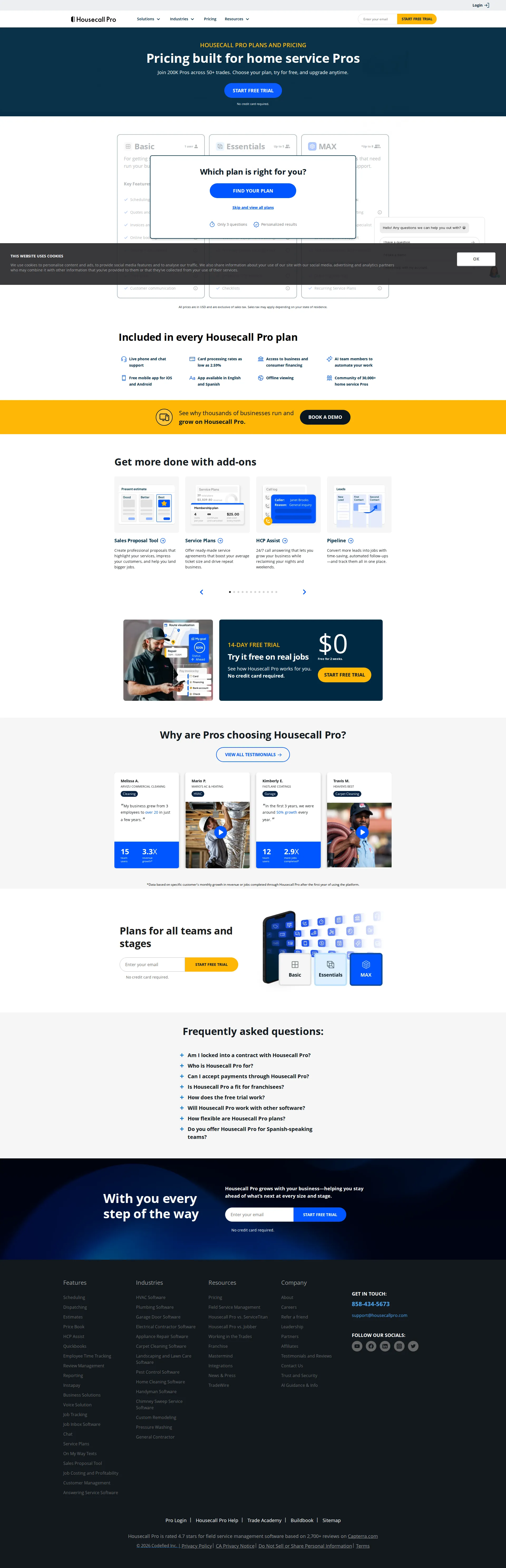 Housecall Pro pricing page screenshot