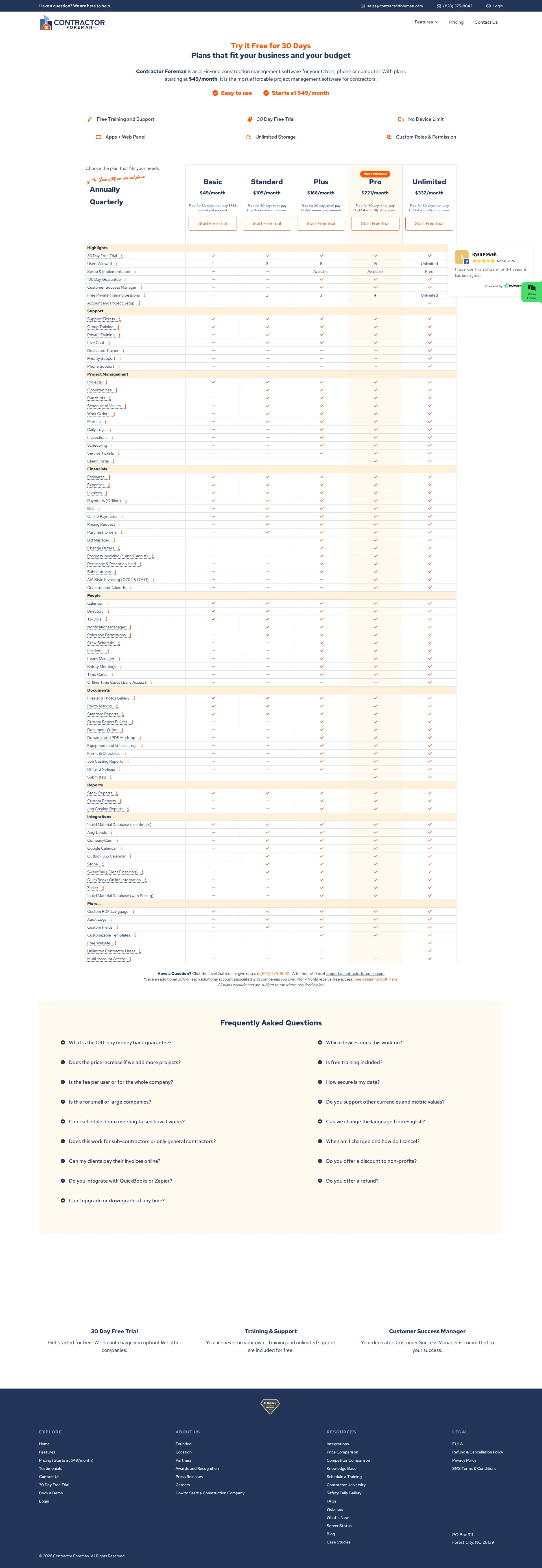 Contractor Foreman pricing page screenshot
