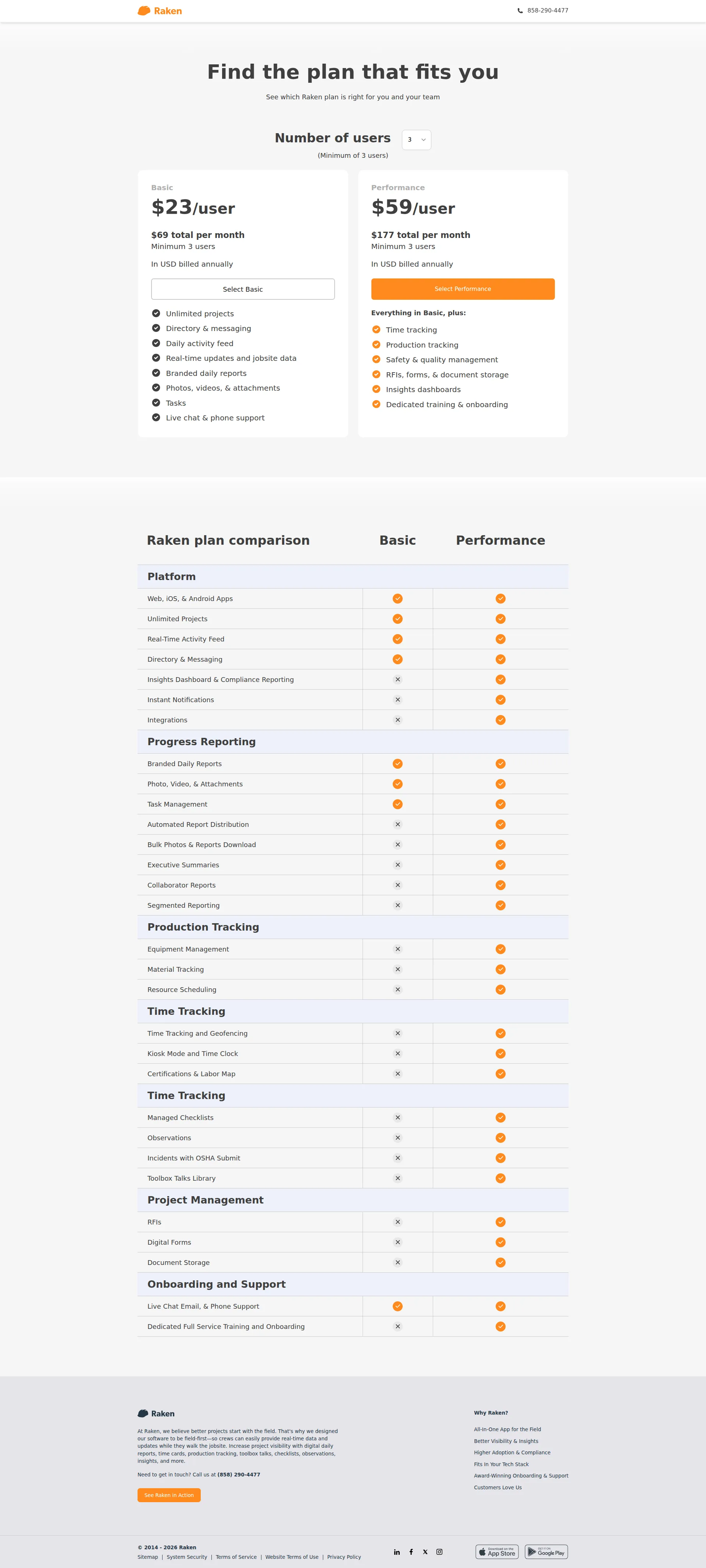 Raken pricing page screenshot