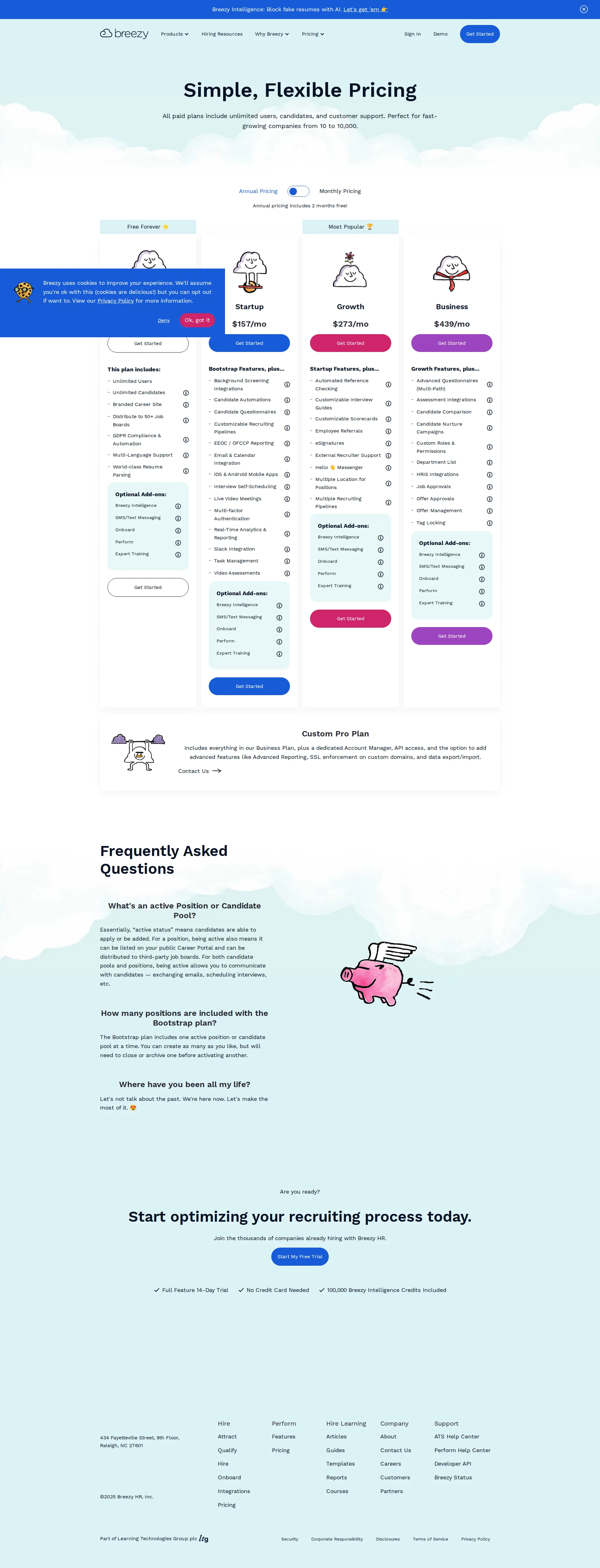 Breezy HR pricing page screenshot