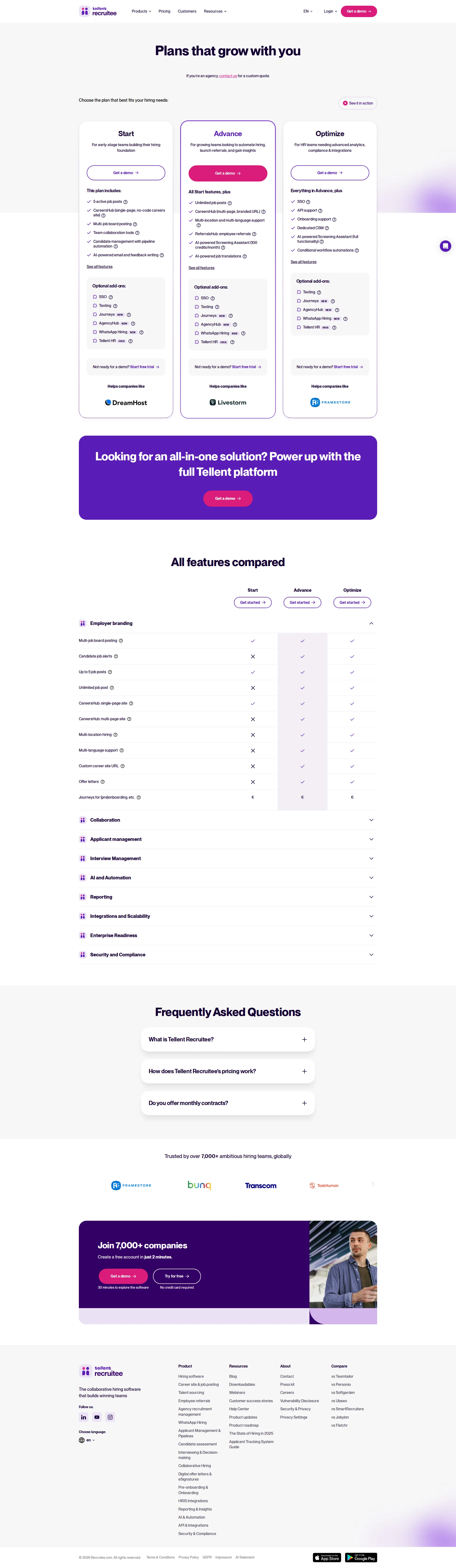 Recruitee pricing page screenshot