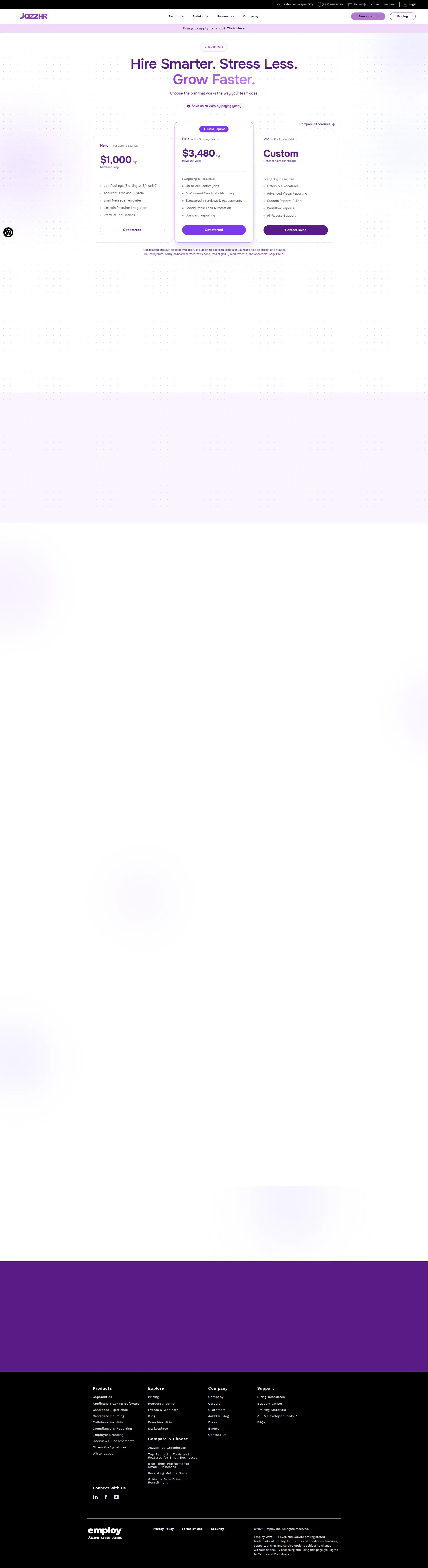 JazzHR pricing page screenshot