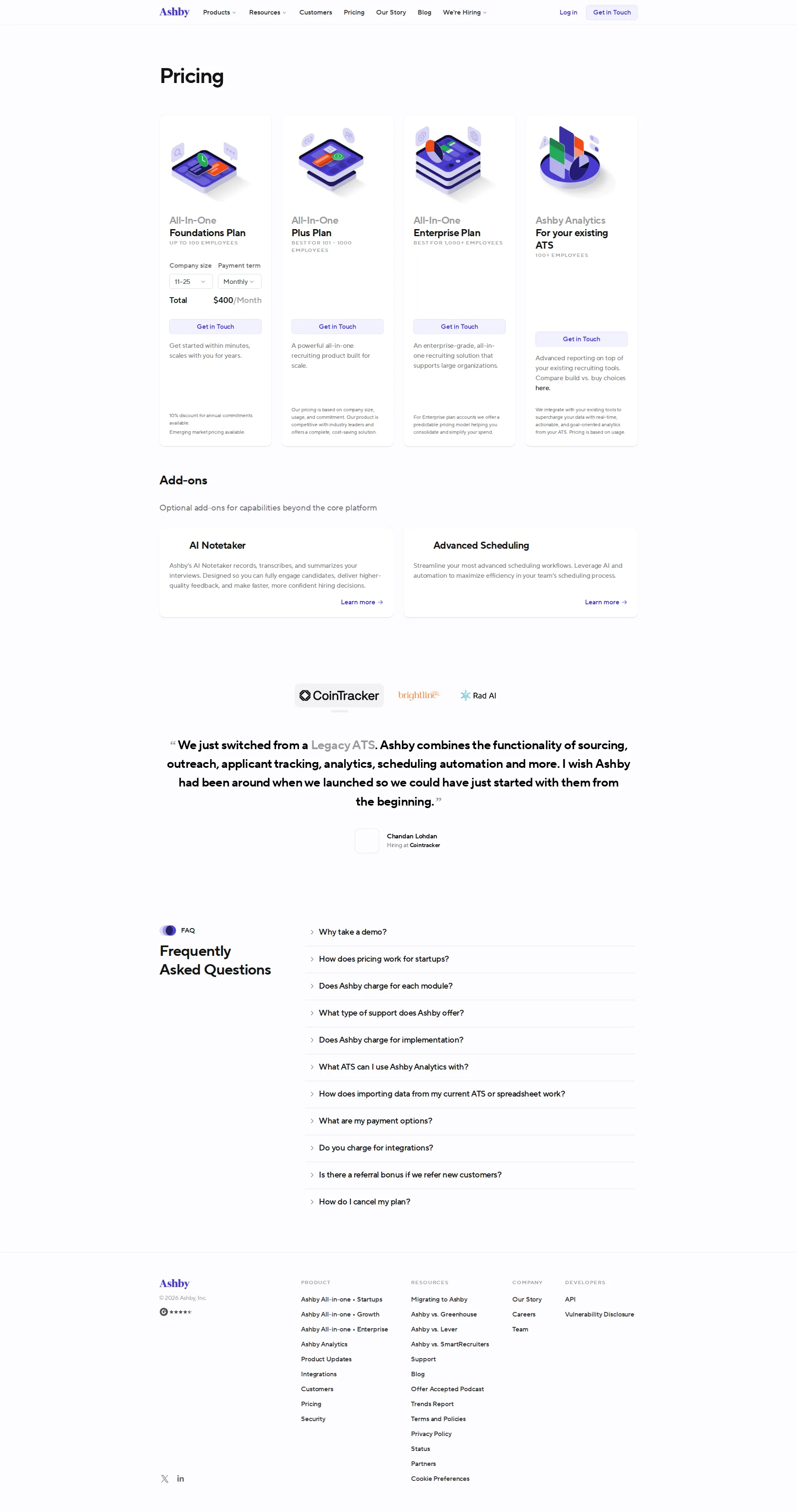 Ashby pricing page screenshot