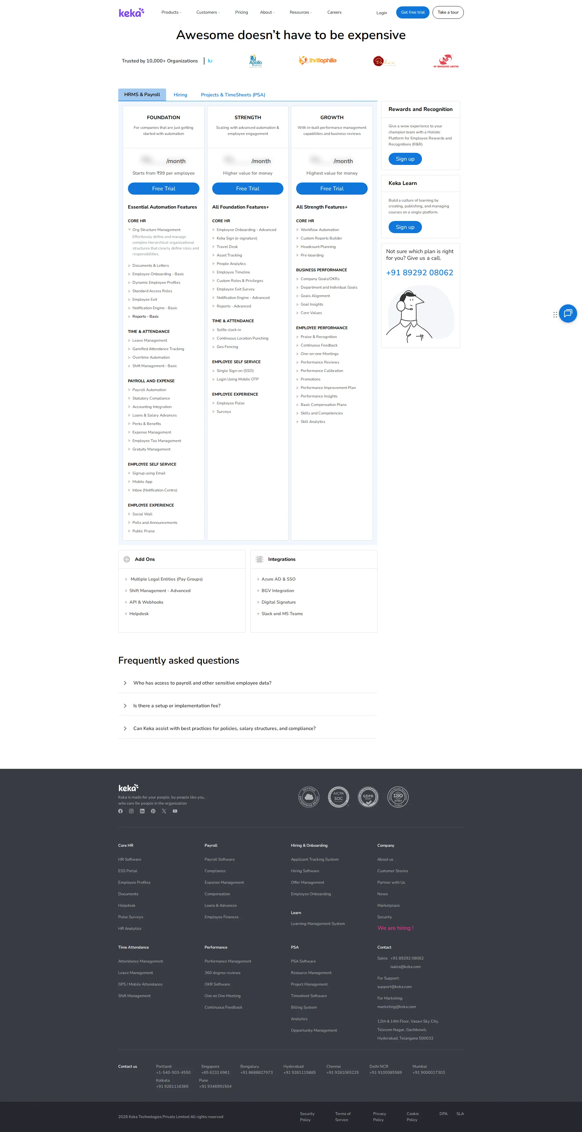Keka pricing page screenshot