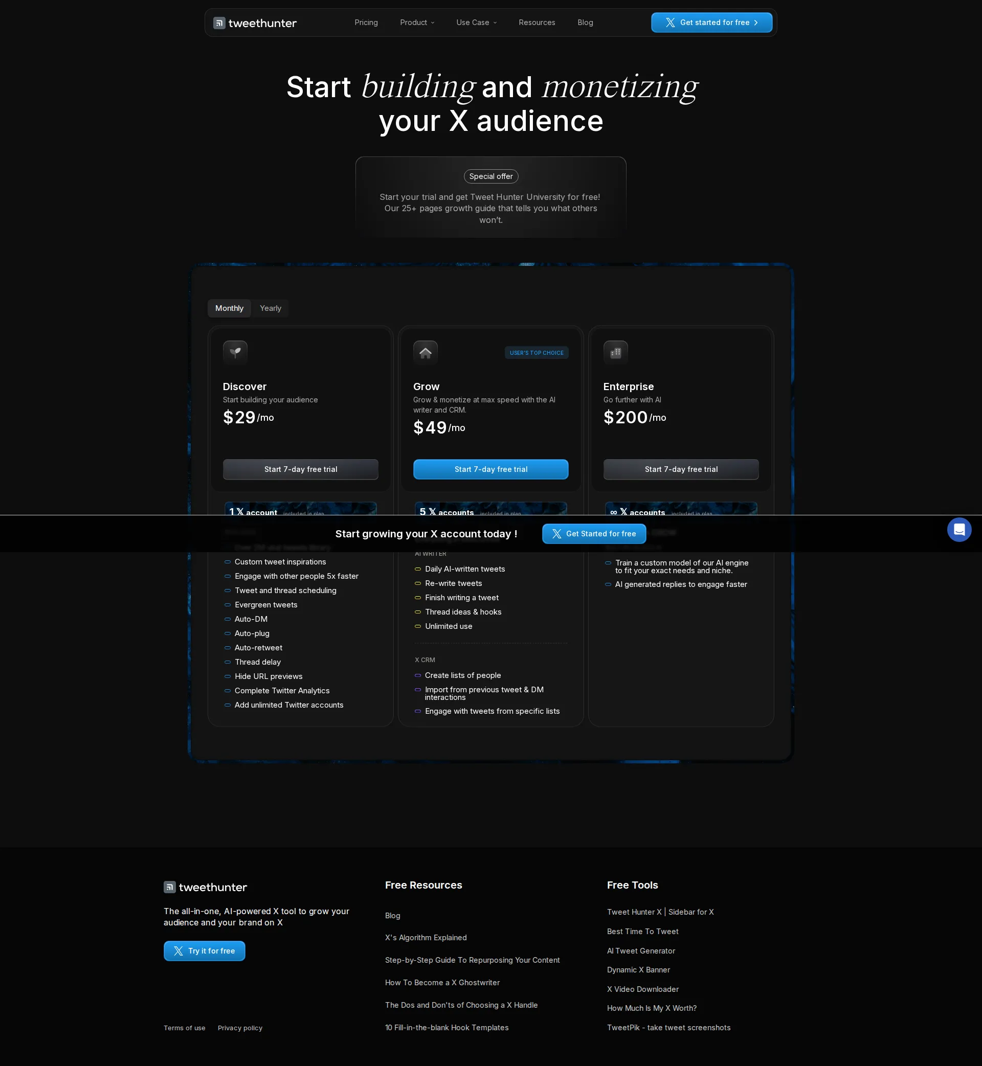 Tweet Hunter pricing page screenshot