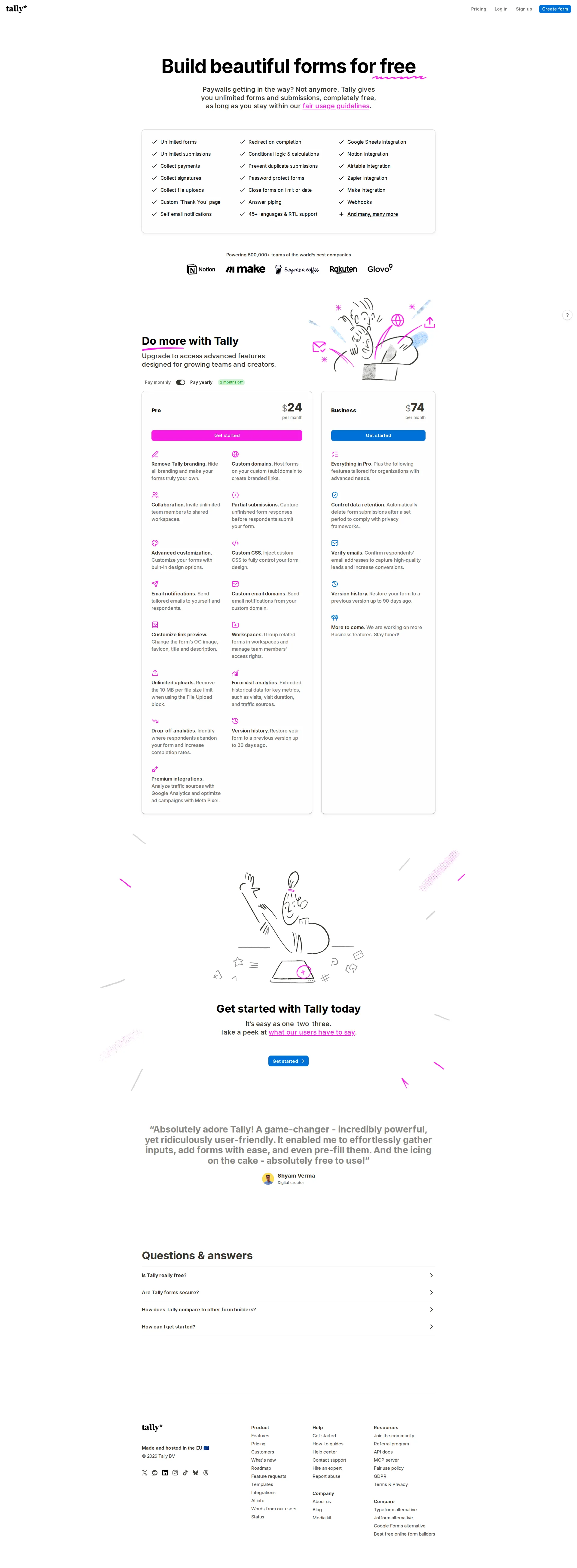 Tally Forms pricing page screenshot
