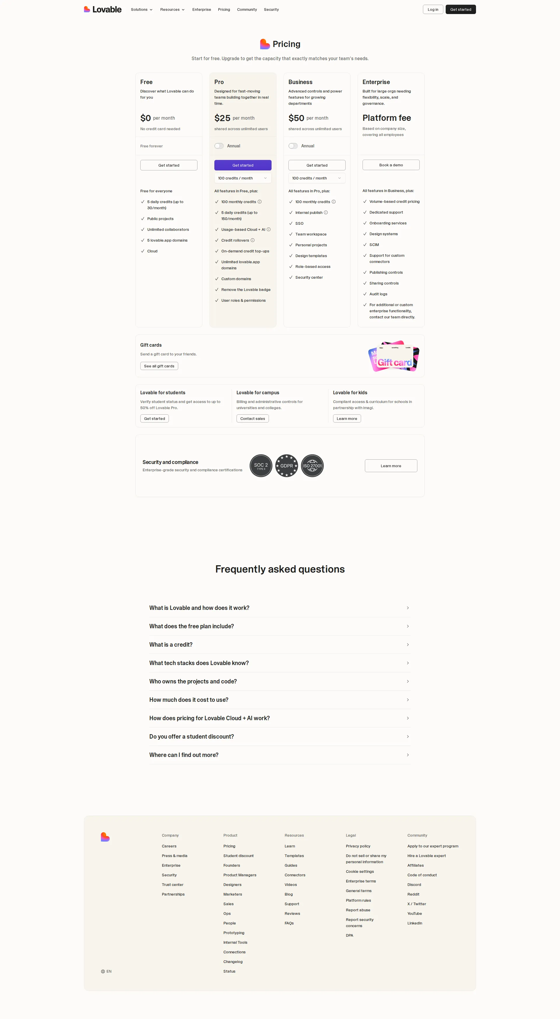 Lovable pricing page screenshot