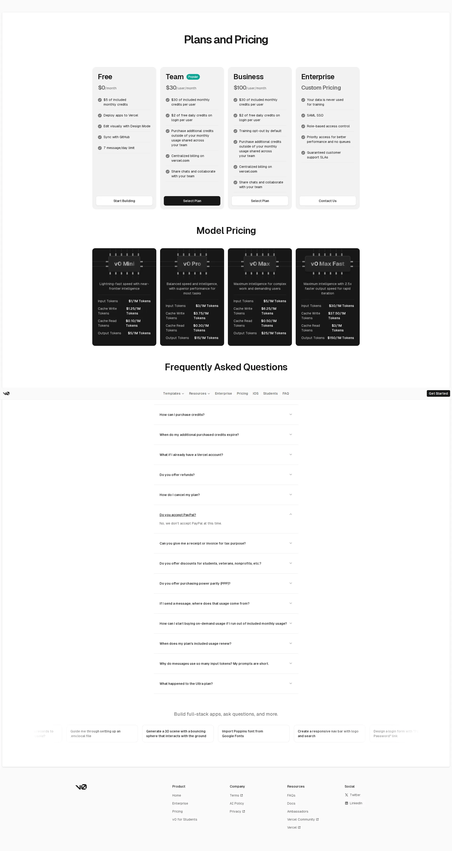v0 by Vercel pricing page screenshot