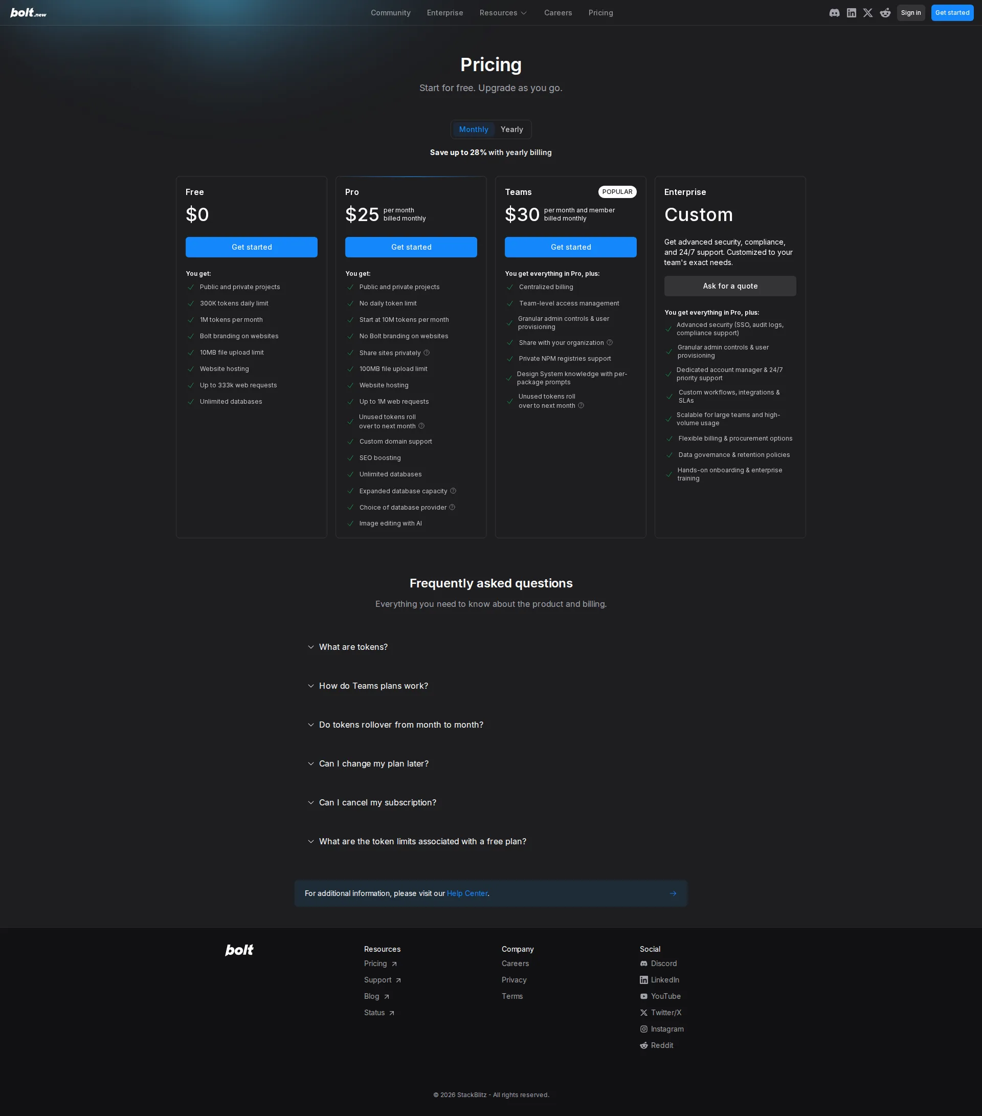 Bolt.new pricing page screenshot