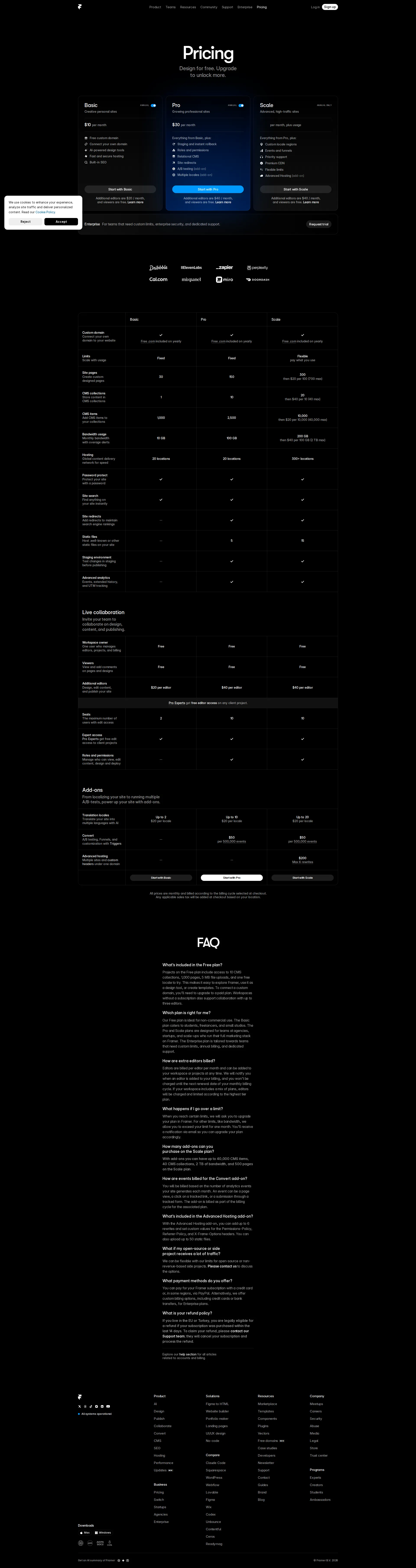 Framer Sites pricing page screenshot